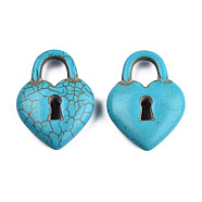 Synthetic Turquoise Gemstone Pendants, Dyed, Heart Padlock, Turquoise, 33x24~24.5x7mm, Hole: 8mm(TURQ-S283-04A)