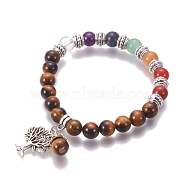 Chakra Jewelry, Natural Tiger Eye Bracelets, with Metal Tree Pendants, 50mm(BJEW-I273-A19)