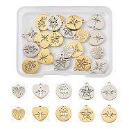 Jewelry 20Pcs 10 Style 304 Stainless Steel Pendants, Flat Round with Star & Heart & Flat Round with Eye, Golden & Stainless Steel Color, 9.5~14x9.5~12.5x1mm, Hole: 1.4~1.5mm, 2pcs/style(STAS-PJ0001-42)