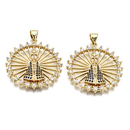 Hollow Brass Micro Pave Clear & Black Cubic Zirconia Pendants, Nickel Free, Flat Round, Real 16K Gold Plated, 30x28x4mm, Hole: 4.5x3.5mm(ZIRC-S067-064-NF)