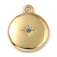 Brass Micro Pave Cubic Zirconia Charms, Long-Lasting Plated, Real 18K Gold Plated, Flat Round with Star, Deep Sky Blue, 12x10x2mm, Hole: 1.2mm(ZIRC-I054-13G-06)