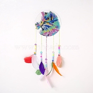 DIY Diamond Painting Hanging Woven Net/Web with Feather Pendant Kits, Including Acrylic Plate, Pen, Tray, Bells and Random Color Feather, Wind Chime Crafts for Home Decor, Cat Pattern, 400x146mm(DIY-I084-11)