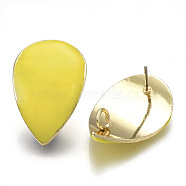 Alloy Stud Earring Findings, with Loop, Enamel and Steel Pins, Teardrop, Light Gold, Yellow, 27x17mm, Hole: 3mm, Pin: 0.7mm(PALLOY-S121-02C)