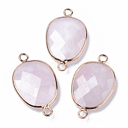Natural Rose Quartz Links Connectors, with Light Gold Plated Edge Brass Loops, Oval, Faceted, 30.5~31.5x17.5x5~6mm, Hole: 2mm(G-R472-01H)