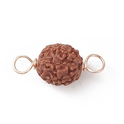 Round Natural Wood Connector Charms, Sienna Rudraksha Links, with Copper Wire, Golden, 20~22.5x9~10.5mm, Hole: 3.5~3.9mm(PALLOY-JF01994-01)