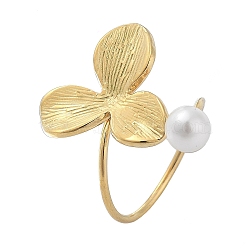 304 Stainless Steel Rings, with Imitation Pearl, Leaf, Inner Diameter: 18mm(RJEW-Q001-01G-02)