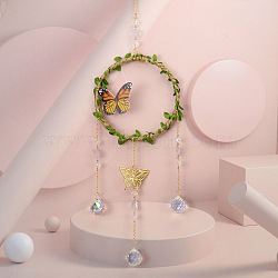 Leaf Butterfly Hemp Rope Wrapped Hanging Ornaments, Glass Teardrop Tassel Suncatchers for Home Outdoor Decoration, Ring, 500mm(PW-WG45233-03)
