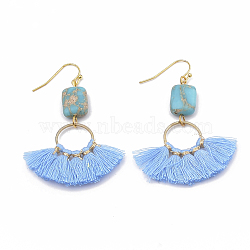 Nylon Tassels Dangle Earrings, with Natural Regalite/Imperial Jasper/Sea Sediment Jasper and Iron Findings, Light Sky Blue, 56~57mm, Pin: 0.7mm, Pendant: 28~30x40~41mm(EJEW-S202-005B)