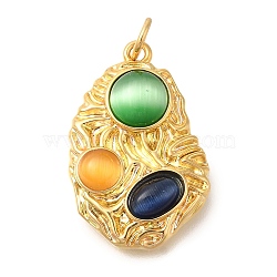 Brass Pendants, with Cat Eye, Real 14K Gold Plated, Oval, 24x16x5mm, Hole: 3mm(KK-U040-01G-01)