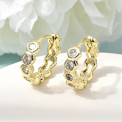Brass Micro Pave Clear Cubic Zirconia Hoop Earrings, Hexagon, Real 16K Gold Plated, 13x13.5x3.5mm(EJEW-G473-06G)