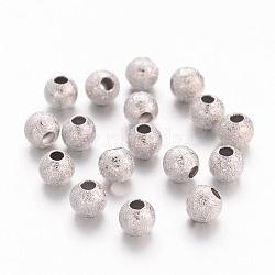 Brass Textured Beads, Nickel Free, Round, Nickel Color, Size: about 4mm in diameter, hole: 1mm(EC247-NF)