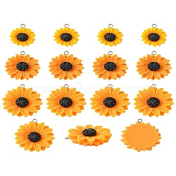 10Pcs 3 Styles Opaque Resin Pendants, with Platinum Tone Iron Loops, Daisy Flower Charms, Orange, 21~33x19~30x6~7mm, Hole: 2mm(RESI-YW0001-60)