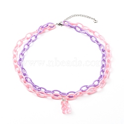 Double Layer Necklaces, with Bear Resin Pendants and ABS Plastic Cable Chains, Stainless Steel Color, Pink, 15.35 inch(39cm)(NJEW-JN03494-02)