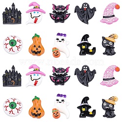 SUNNYCLUE 20Pcs 10 Style Halloween Theme Opaque Resin Cabochons, for Jewelry Making, Owl with Magic Hat & Ghost & Pumpkin Jack-O'-Lantern & Cat with Magic Hat & Castle & Witch Hat & Ghost Sticking Tongue Out & Eyeball & Ghost with Pink Magic Hat, Mixed Color, 2pcs/style(RESI-SC0001-63)