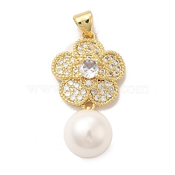 Rack Plating Brass Micro Pave Cubic Zirconia Pendant, with Plastic Bead, Long-Lasting Plated, Cadmium Free & Lead Free, Flower, Real 18K Gold Plated, 30x15x10mm, Hole: 4x3.5mm(ZIRC-C002-03G)