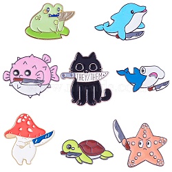 8Pcs 8 Style Mushroom & Frog & Cat & Dolphin & Fish Enamel Pins, Golden Alloy Animal Badge for Backpack Clothes, Mixed Color, 15~30x27.5~30.5x1.5~2mm, Pin: 1~1.3mm, 1Pc/style(JEWB-SZ0001-86)