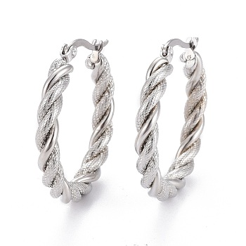 304 Stainless Steel Hoop Earring, Hypoallergenic Earrings, with Ear Nut, Textured, Twisted Ring Shape, Stainless Steel Color, 30x4mm, Pin: 0.5x1mm