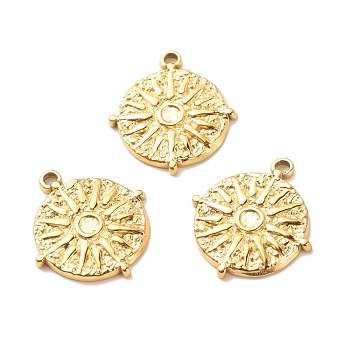 201 Stainless Steel Pendants, Textured, Flat Round with Sun, Golden, 22x19x2mm, Hole: 1.8mm