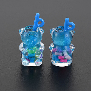 Imitation Bubble Tea/Boba Milk Tea Transparent Resin Pendants, Boba Polymer Clay inside, with Acrylic Cup, Bear, Dodger Blue, 28x14x13mm, Hole: 1.8mm