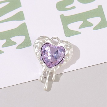 Alloy Rhinestone Charms, Matte Silver Color, Heart, Violet, 24x17mm