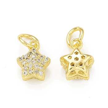 Rack Plating Brass Micro Pave Clear Cubic Zirconia Charms, with Jump Ring, Cadmium Free & Lead Free, Long-Lasting Plated, Real 18K Gold Plated, Star Charm, Clear, 10x7x5mm, Hole: 3mm