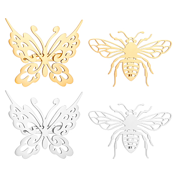Unicraftale 4Pcs 4 Style Butterfly & Bee Brooches, 201 Stainless Steel Insect Lapel Pins for Backpack Clothes, Golden & Stainless Steel Color, 42x47.5x7mm, 31.5x49.5x6.5mm, 1pc/style