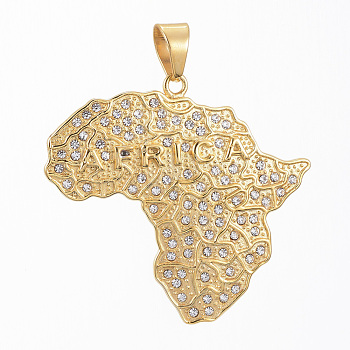 304 Stainless Steel Big Pendants, with Rhinestone, Map of Africa, Golden, 54x58x4mm, Hole: 11x8mm