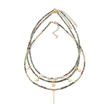 Beaded Necklaces & Pendant Necklace Sets, with Brass Beads & Bar Pendants, Natural Pearl Beads, Glass Beads, 304 Stainless Steel Star Charms & Lobster Claw Clasps, Colorful, Golden, 17.72 inch(45cm) & 17.91 inch(45.5cm), 3pcs/set