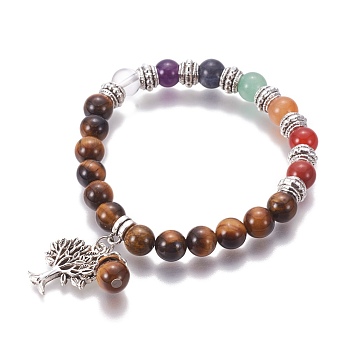 Chakra Jewelry, Natural Tiger Eye Bracelets, with Metal Tree Pendants, 50mm