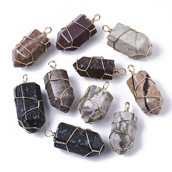 Natural Mixed Gemstone Pendants, with Golden Plated Brass Wire Wrapped, Hexagonal Prisms, 35~50x16~25mm, Hole: 4mm
