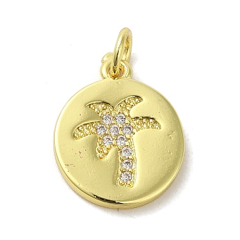 Brass Micro Pave Cubic Zirconia Pendants, Real 18K Gold Plated, Coconut Tree Charms, Clear, 16.5x13x1.5mm, Hole: 3mm