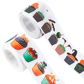2 Rolls 2 Styles Halloween Flat Printed Polyester Grosgrain Ribbons, for Garment, Party Decoration, Pumpkin & Cupcake Pattern, Mixed Patterns, 1-1/2 inch(38mm), 1 roll/style