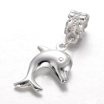 Alloy European Dangle Charms, Large Hole Dolphin Beads, Silver Color Plated, 33mm, Hole: 5mm