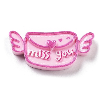 Opaque Resin & Plastic Cabochons, Heart with Word miss you, Pearl Pink, 16x35x6.5mm