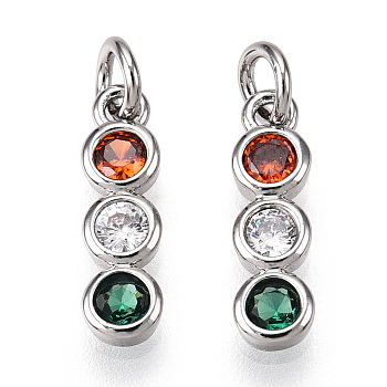 Brass Micro Pave Colorful Cubic Zirconia Pendants, with Jump Ring, Round, Platinum, 12.5x3.5x2mm, Hole: 2.4mm