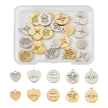 Jewelry 20Pcs 10 Style 304 Stainless Steel Pendants, Flat Round with Star & Heart & Flat Round with Eye, Golden & Stainless Steel Color, 9.5~14x9.5~12.5x1mm, Hole: 1.4~1.5mm, 2pcs/style