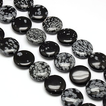 Natural Flat Round Snowflake Obsidian Beads Strands, 20x7~9mm, Hole: 1mm, about 20pcs/strand, 15.74 inch