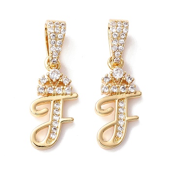 Eco-Friendly Brass Micro Pave Cubic Zirconia Pendants, Long-Lasting Plated, Real 18K Gold Plated, Cadmium Free & Lead Free, Letter, Letter.F, 16~20x7~11.5x1.5~2.2mm, Hole: 6.5x3.5mm
