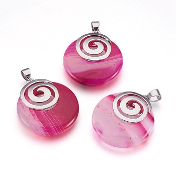 Natural Banded Agate Pendants, with Platinum Tone Brass Findings, Flat Round, Dyed & Heated, 32x28x6mm, Hole: 4x5mm