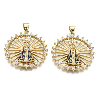 Hollow Brass Micro Pave Clear & Black Cubic Zirconia Pendants, Nickel Free, Flat Round, Real 16K Gold Plated, 30x28x4mm, Hole: 4.5x3.5mm