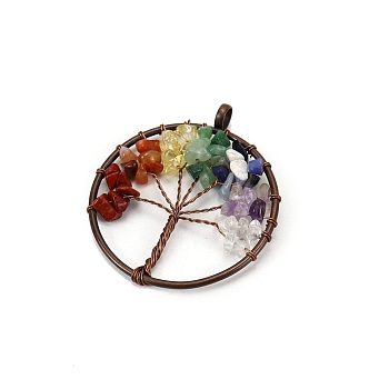 Tree of Life Natural & Synthetic Mixed Gemstone with Metal Wire Wrapped Pendants, Red Copper, Flat Round, 50mm