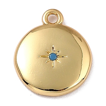 Brass Micro Pave Cubic Zirconia Charms, Long-Lasting Plated, Real 18K Gold Plated, Flat Round with Star, Deep Sky Blue, 12x10x2mm, Hole: 1.2mm