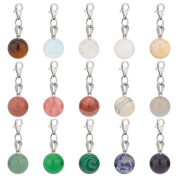 Gemstone Round Pendant Decoration, with Alloy Lobster Claw Clasps, 37mm, 15 colors, 1pc/color, 15pcs/set
