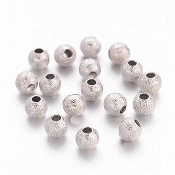 Brass Textured Beads, Nickel Free, Round, Nickel Color, Size: about 4mm in diameter, hole: 1mm