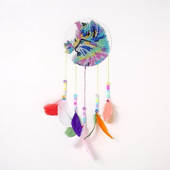 DIY Diamond Painting Hanging Woven Net/Web with Feather Pendant Kits, Including Acrylic Plate, Pen, Tray, Bells and Random Color Feather, Wind Chime Crafts for Home Decor, Cat Pattern, 400x146mm