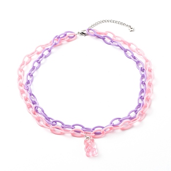 Double Layer Necklaces, with Bear Resin Pendants and ABS Plastic Cable Chains, Stainless Steel Color, Pink, 15.35 inch(39cm)
