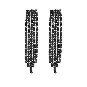 304 Stainless Steel Stud Earrings, Rhinestone Chains Tassel Earrings, Black, 62x12mm