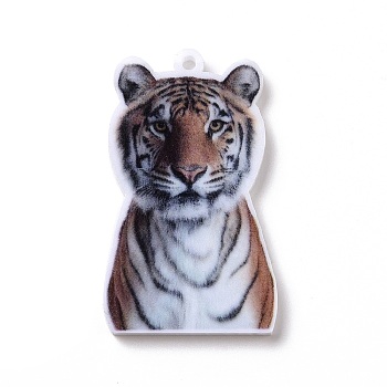 Printed Opaque Acrylic Pendants, Animal Theme Charms, Tiger Pattern, 34.5x21x2mm, Hole: 1.5mm