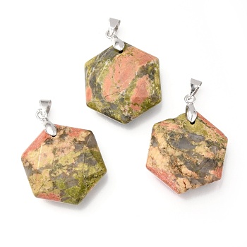 Faceted Natural Unakite Pendants, with Platinum Tone Brass Findings, Hexagon, 28x25x9mm, Hole: 4x5mm