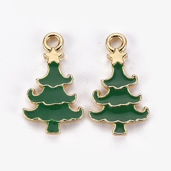 Golden Plated Alloy Enamel Pendants, for Christmas, Christmas Tree, Cadmium Free & Lead Free, Green, 19.5x11x2mm, Hole: 2mm